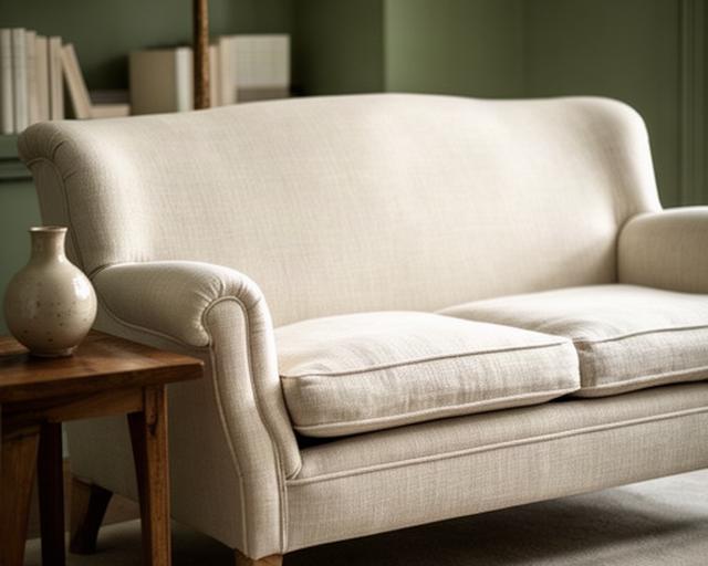 Handgefertigtes Polstersofa mit hellem Leinenbezug in einer ruhigen Leseecke