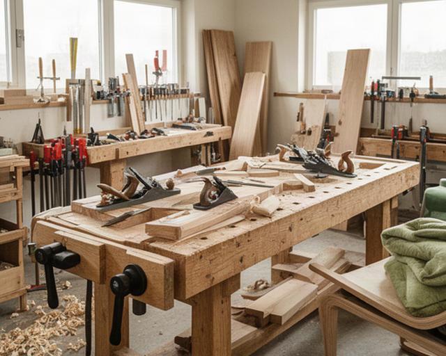 Helle Schreinerwerkstatt in Niederhasli mit Hobelbank, Massivholz und sorgfältig geordneten Handwerkzeugen